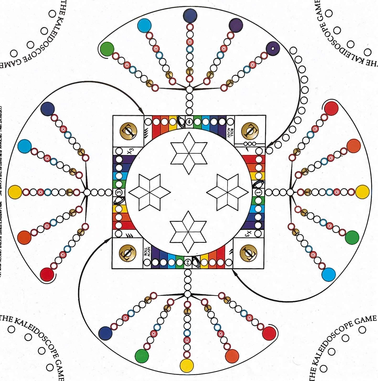 The printed 1994 Kaleidoscope Game board: a square track ringed by four fans of paths leading to colored Spheres.